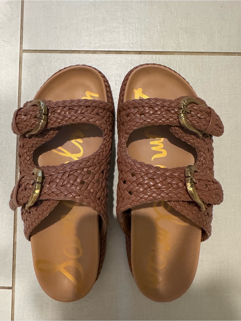 Sam Edelman Woven Double-Buckle Slide Sandals in Brown